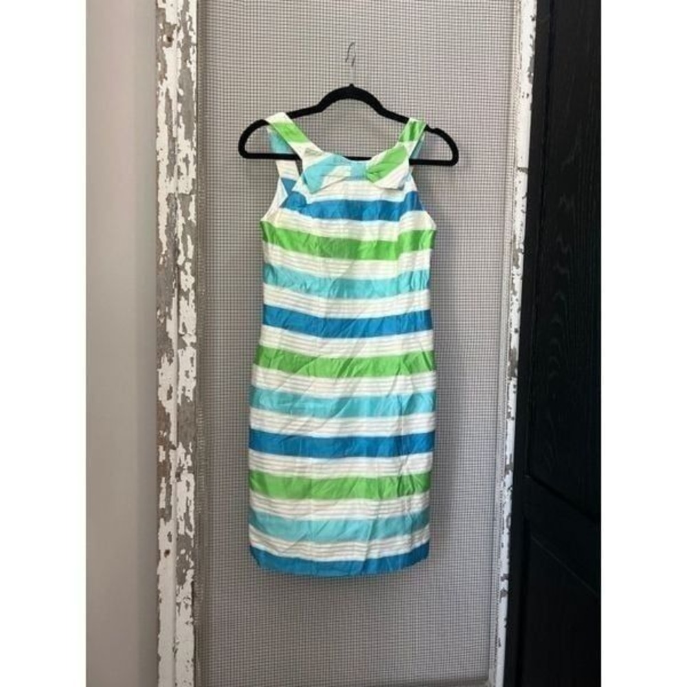 LILLY PULITZER SZ 0 ORGANZA STRIPE BOW DRESS BLUE GREEN WHITE lined zip EUC